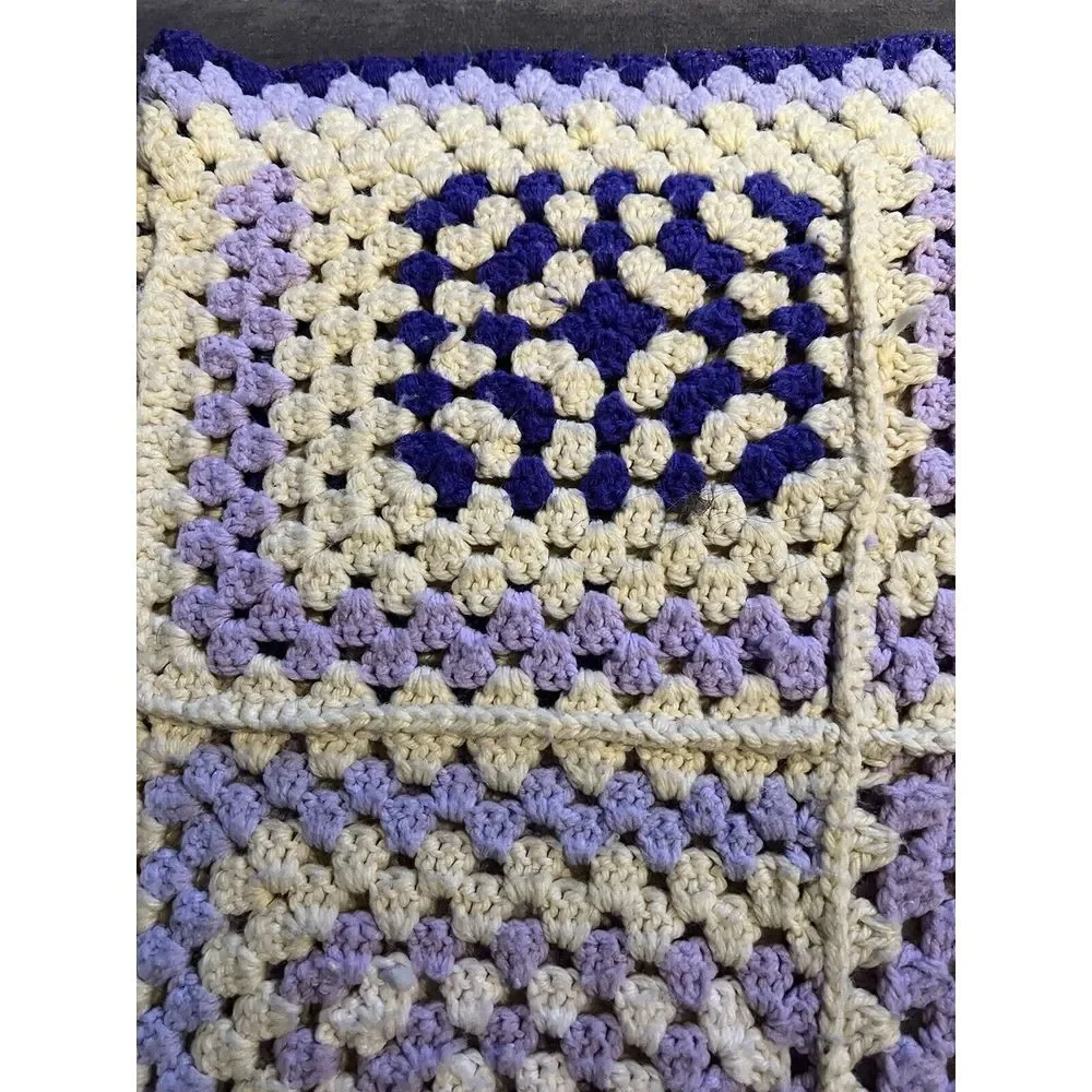Vtg Purple White Crochet Handmade Afghan Throw Blanket Granny Square Style 48x64